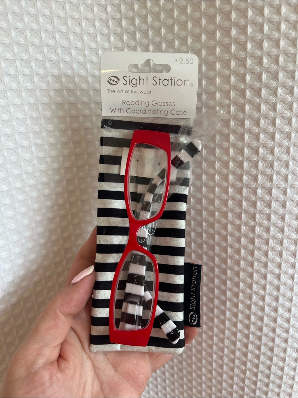 Red Reading Glasses with Black & White Stripe Case
